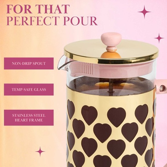 New Paris Hilton French Press Coffee Maker with Heart Shaped Scoop 34 Ounce Pink - Picture 2 of 10